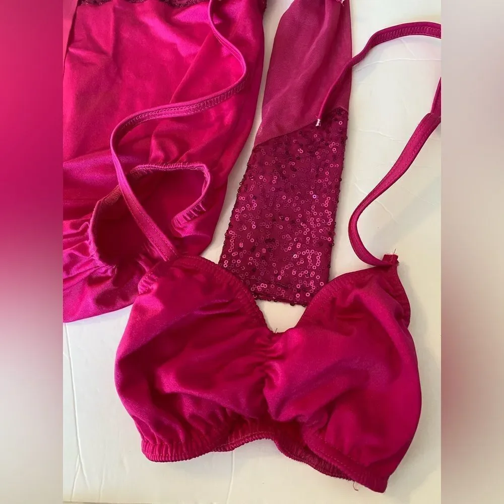 Kelle solo dance costume hot pink 2 piece leotard halter long sleeve mesh MC